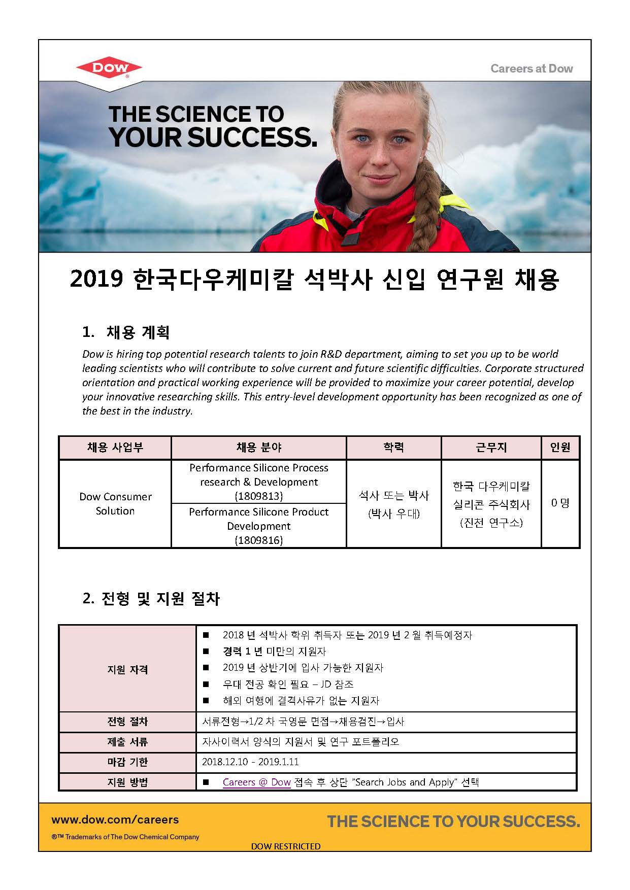 취업정보 - [안내/한국다우케미칼] 2019 석박사 신입연구원 채용공고